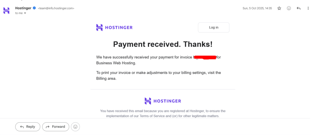 hostinger payment received