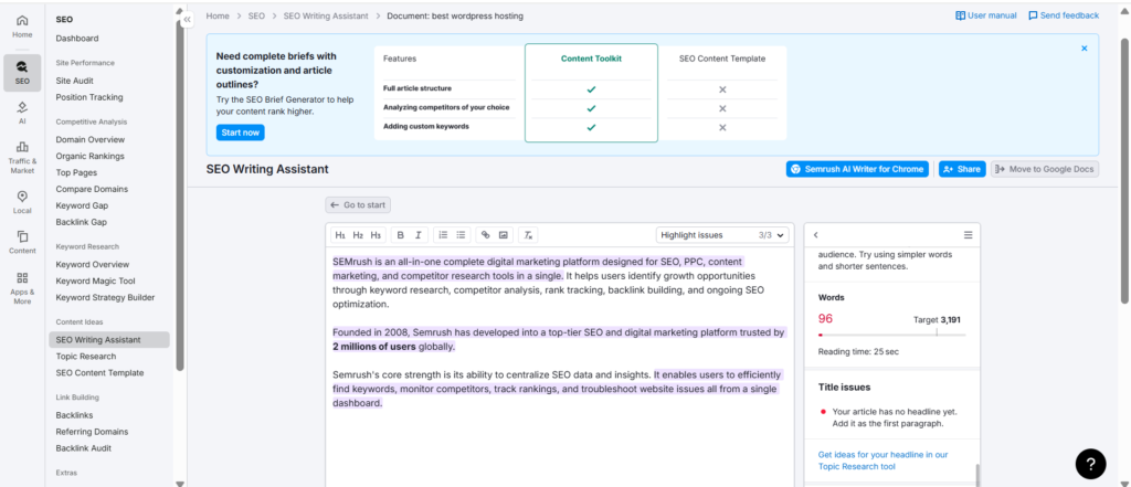 semrush ai wrtting assistant tool semrush review