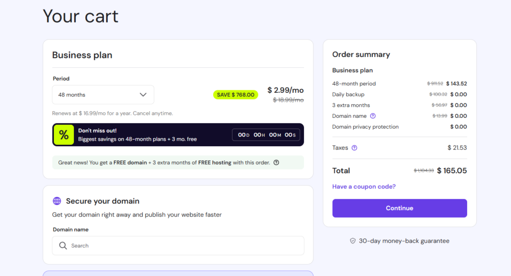 hostinger business plan 48 months pricing