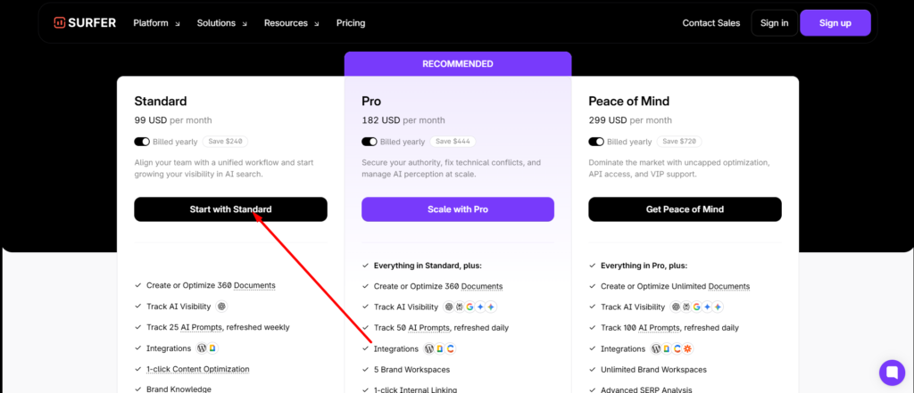 serfer seo pricing page