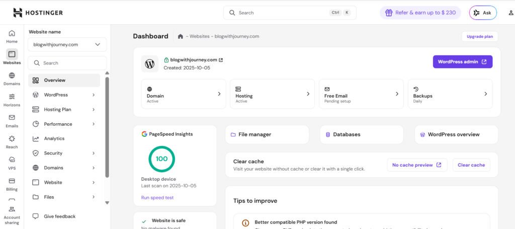 hostinger hpanel dashboard
