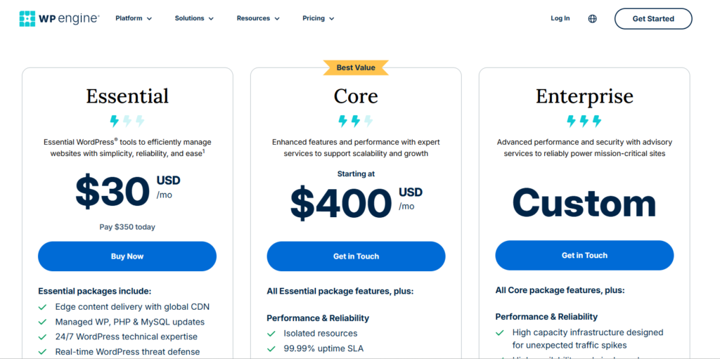 wpengine wordpress hosting pricing plan