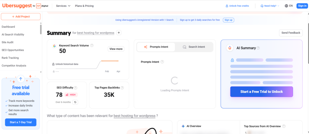ubersuggest free keyword research tool