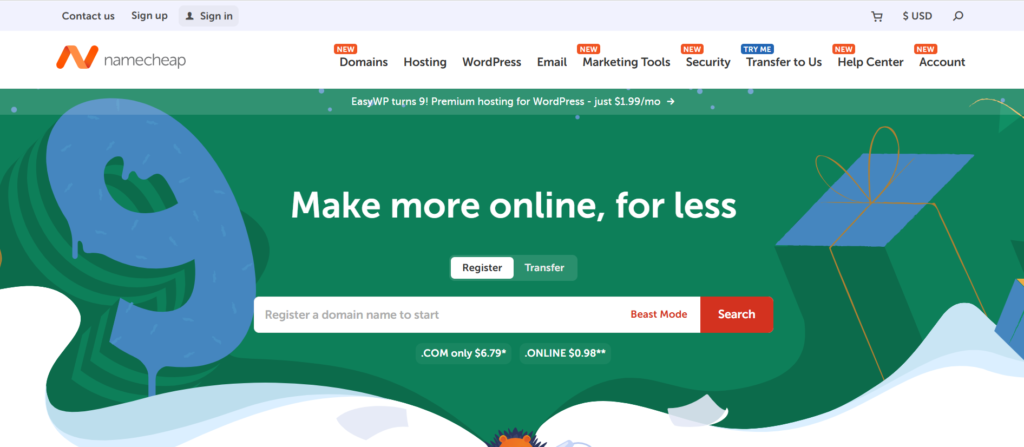 nameheap web hosting home page