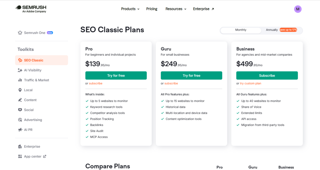 semrush monthly pricing plan