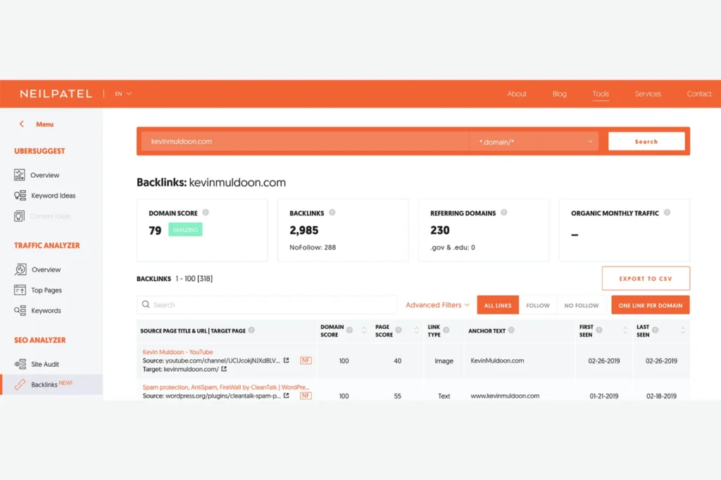 Ubersuggest Backlink Analysis