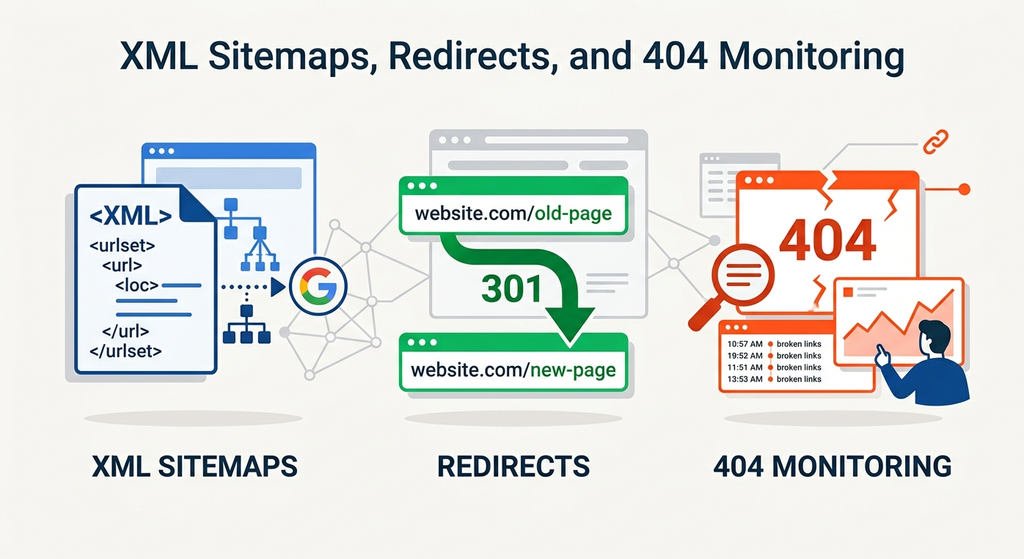 XML Sitemaps, Redirects, and 404 Monitoring